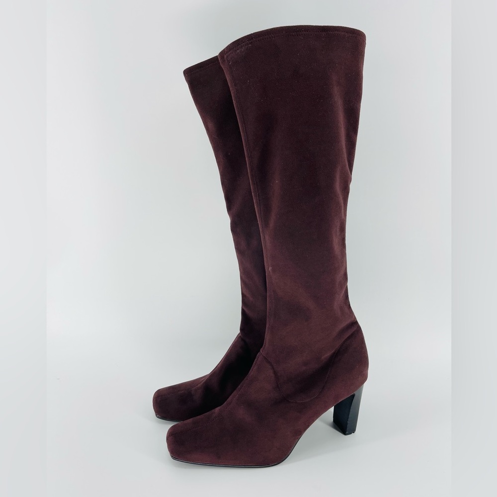 Newport News Faux Suede Square Toe Brown Heeled Boots, Leather Sole, Women’s 9.5